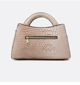 Macro view of beige crocodile pattern texture and back zipper pocket on handbag