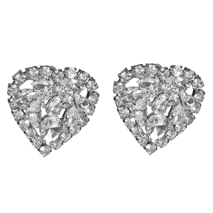 Elegant heart-shaped silver earrings with sparkling crystals for women on a white background