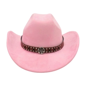 Pink western cowboy hat featuring a brown leather band with metallic studs and center emblem
