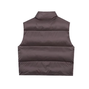 Rear view of a dark charcoal quilted sleeveless puffer vest with a high-neck design