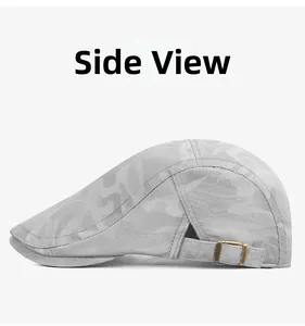 Side view of gray camouflage mesh ivy cap with adjustable gold metal buckle detail