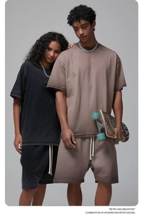 Retro washed cotton oversized T-shirt and drawstring shorts set for a street style look