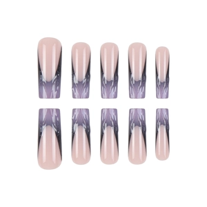 Long coffin press-on nails with purple gradient wavy texture and liquid metal effect