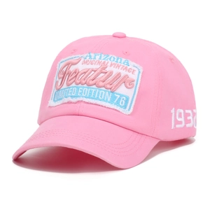 Detail of pink cotton baseball cap with 3D embroidery and vintage Arizona patch