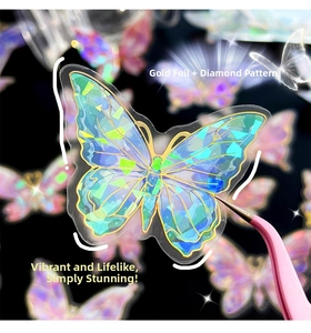 Close-up of PET butterfly stickers with gold foil and diamond laser holographic effect