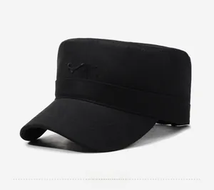 Detailed side view of black cotton flat top cap featuring SPORT embroidery and twill texture