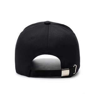 Classic black cotton baseball cap with adjustable metal slide buckle on the back view