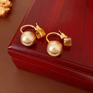 French Vintage Front Back Drop Earrings With Silver Earring Post Champagne Artificial Pearl Amber Crystal Elegant Jewelry For Women