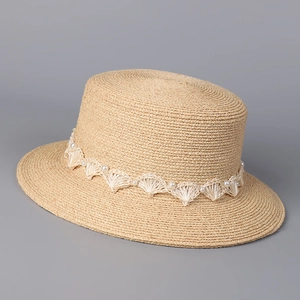 Chapeau Canotier Style Français Femmes Chapeau De Soleil En Paille De Raphia Avec Dentelle Et Künstliche Perle Élégant Bord Large Été Plage
