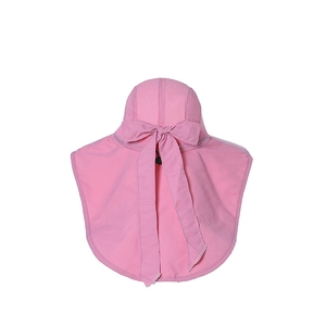Pink sun hat detail with large neck flap and bow tie from a rear view perspective