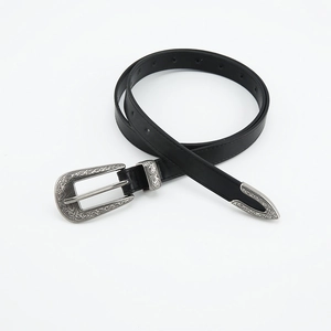 Women Vintage Western Faux Leather Belt With Carved Alloy Pin Buckle Loop And Tip For Jeans Retro Style Black