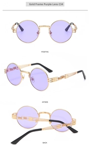 Steampunk round sunglasses with gold frames and purple lenses in multi-angle views