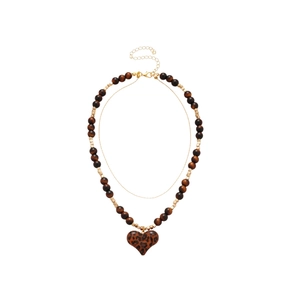 18K gold plated double layer necklace with tiger eye beads and heart leopard pendant