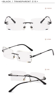 Detailed views of C15 rimless rectangle glasses with black temples and clear lenses