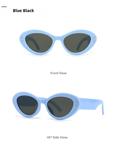 Detailed views of light blue cat-eye sunglasses with gold star accents from two angles