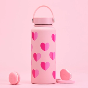 Gourde isotherme rose à motif cœur en acier inoxydable avec poignée et paille