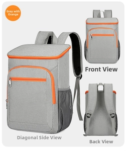 Detail view of large capacity insulated outdoor backpack with orange zipper accents