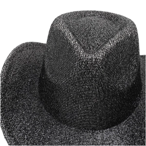 Close-up of the fine woven texture and structured brim of a black fedora party hat