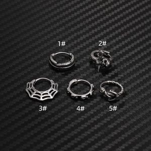 Punk Gothic Stainless Steel Skull Hoop Earrings For Men Women Vintage Silver Feather Spider Web Small Ear Studs Jewelry