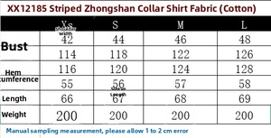 Size chart detail for striped mandarin collar poplin shirt including chest and length metrics