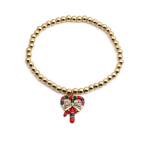 Bracelet extensible doré avec un pendentif cœur en sucre d'orge rouge et vert