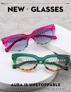 Detail of cat eye sunglasses with metal chain temples and leopard print gradient frames