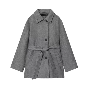 Women's grey mid-length wool-blend coat with classic lapel and matching waist belt