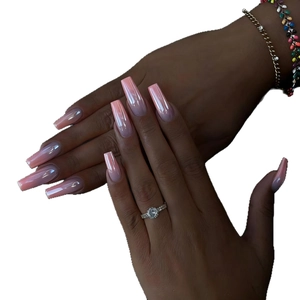 Long rectangular press-on nails with pink to purple gradient and mirror chrome finish