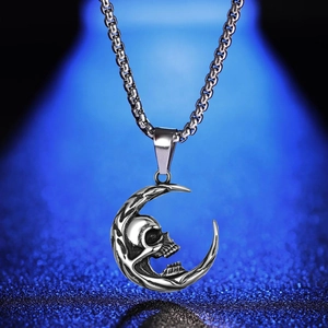 Retro Gothic Crescent Moon Skull Pendant Necklace Stainless Steel Chain Punk Hip Hop Jewelry For Men Women