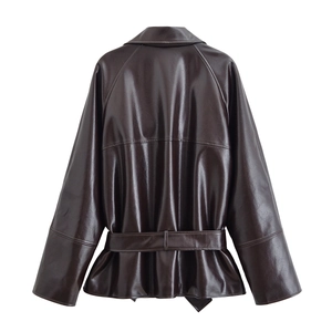 Deep brown faux leather trench coat with waist belt design shown from the back view