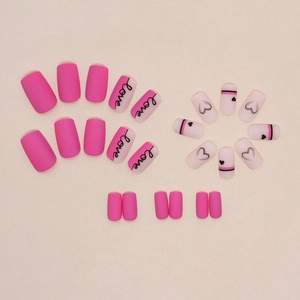 Barbie pink press on nails set with sweet heart patterns and love letter designs