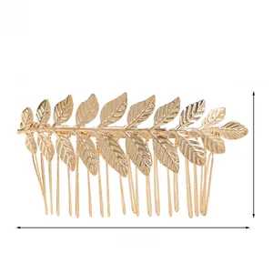 Detailed view of golden leaf metal hair comb showing dimensions 8.5cm x 5cm and weight 14g