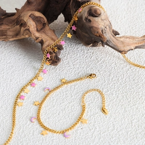 French vintage star and moon jewelry set with pink pendants on gold chain necklace
