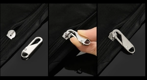 Macro detail showing installation of silver metal zipper replacement head for bag repair