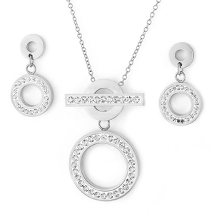 Elegant silver stainless steel jewelry set with crystal circle pendant and T-bar toggle