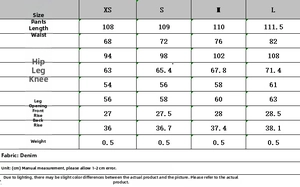 Tableau des tailles pour ensemble jean avec haut bustier et pantalon, mesures en CM