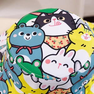 Kids wide brim sun hat featuring colorful cartoon animal patterns in high quality cotton