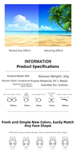 Detailed technical specifications and sizing diagram for PC and metal frame cat-eye sunglasses
