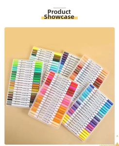 Detail view of dual-tip watercolor markers set in clear cases for art and drawing