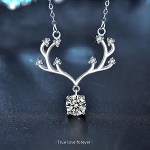 925 Sterling Silver Moissanite Pendant Necklace For Women Reindeer Antler Design Clavicle Chain Christmas Jewelry Gift