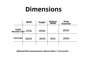 Size chart for floral mesh shoulder and vest bags showing width and height measurements