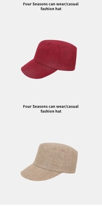 Detail view of khaki and red linen equestrian caps showing texture and structured design