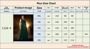 Size chart detail for plus size green one shoulder sleeveless sequin evening dress