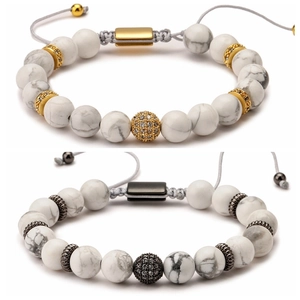 Handmade Natural Gemstone Bead Bracelet Adjustable Woven Cord With Micro Pave Cubic Zirconia For Women Men