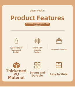 Infographic showing waterproof thickened PU leather material and high capacity of napkin holder
