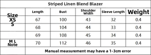 Size chart for striped linen blend blazer showing length, bust, and shoulder measurements