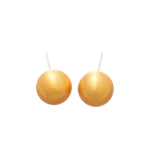Minimalist golden spherical stud earrings with a brushed metal finish on white background