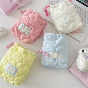 Quilted heart drawstring camera storage bags in pink, white, yellow and blue colors