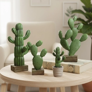 Artificial Cactus Ornaments Resin Desk Figurines Faux Wood Base Nordic Creative Home Office Living Room Decor