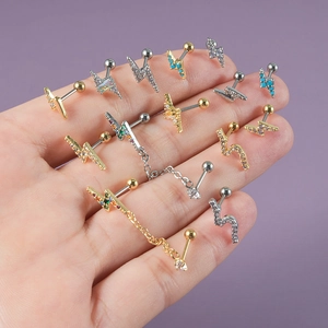 Lighting bolt helix earrings with blue and white zircon stones and stainless steel chains
